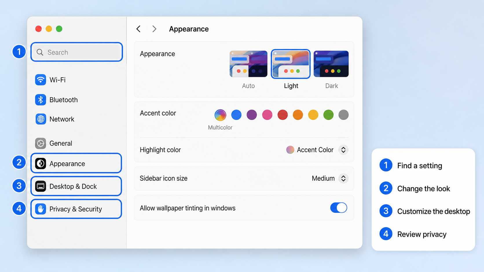 Annotated Mac System Settings window highlighting Search, Appearance, Desktop and Dock, and Privacy and Security
